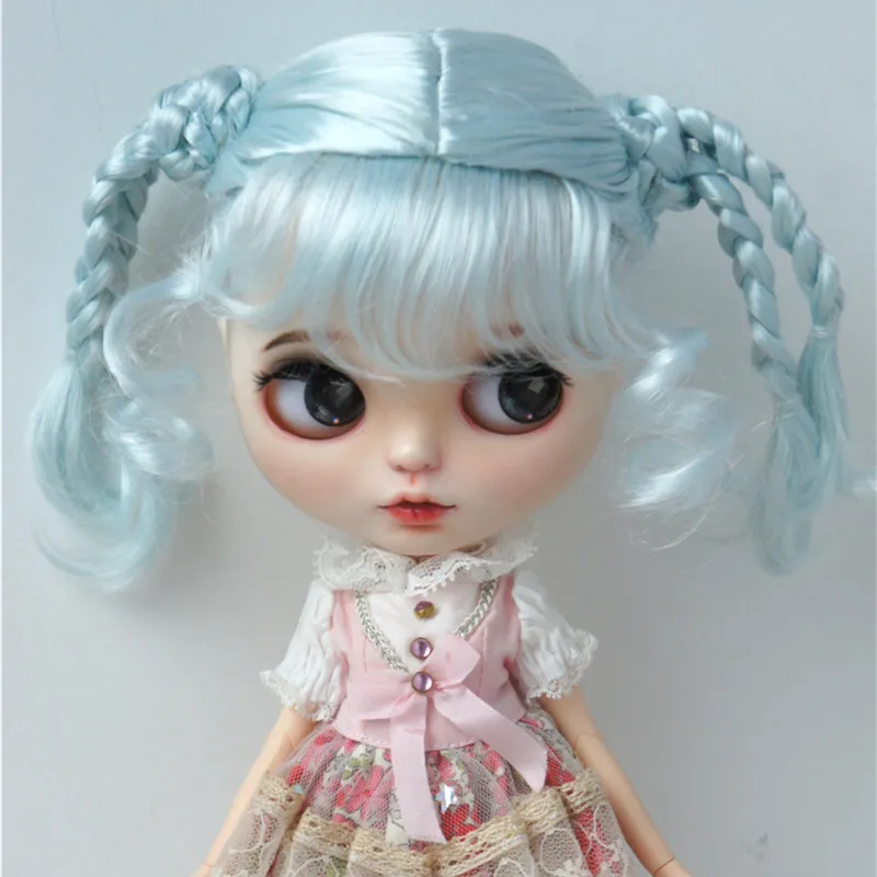 JD617  9-10inch 10-11inch  Full bangs with Double Braids pony Synthetic mohair BJD  wigs  Nero Blythes QBaby  doll accessories