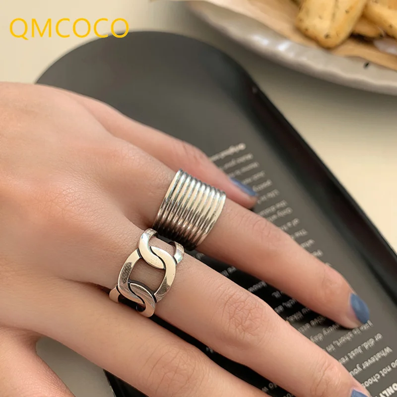 

QMCOCO Silver Color Geometry Wide Rings INS Fashion Creative Hollow Out Chain Open Adjustive Woman Rings Fashion Jewelry Gifts