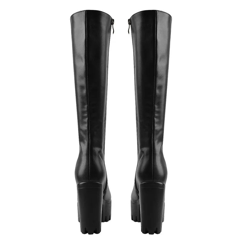 Onlymaker Women  Platform Black Matte Front Lace-Up Side Zip Knee High Boots Big Size Lady Fashion Classic Long Boots