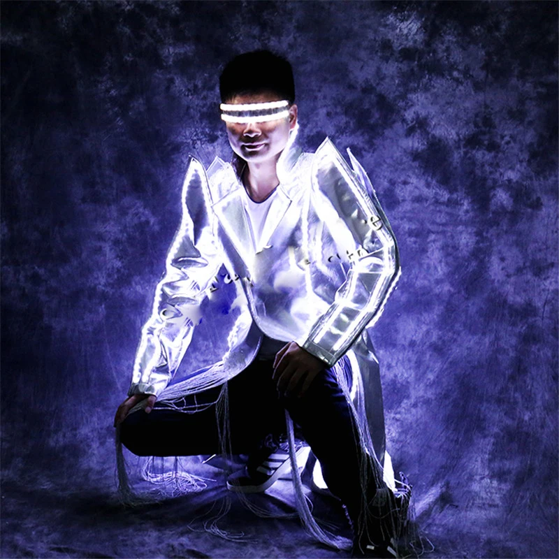 

White led light MJ jacket coat party wears costumes ballroom dance stage cloth luminous glowing Windbreaker glasses show dj