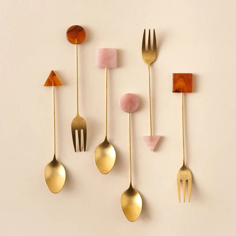 4pcs Stainless Steel Small Spoon Fork Set INS Coffee Tea Stirring Household Gold-Plated Acrylic Geometric Shape Spoons Forks