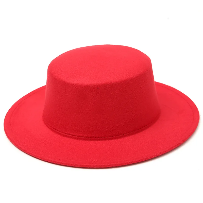 Flat Top Fedora Hats for Women Solid Color Imitation Wool Jazz Cap Wide Brim Ladies Elegant Round Caps Bowler Hats