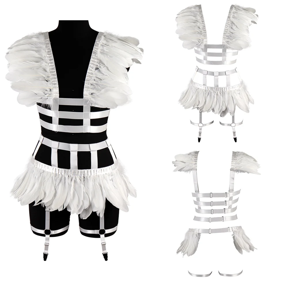 

Strappy Harness Bra And Feathers Skirt For Women Fashion Sexy Cage Bondage Lingerie Punk Gothic Costume Dance Festival Rave Wear