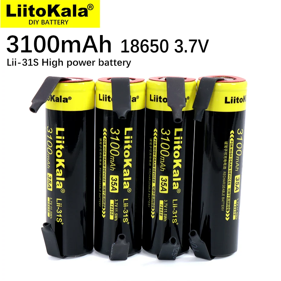 New LiitoKala  Lii-31S 18650  3.7V Li-ion 3100mA 35A Power Battery For High Drain Devices+DIY Nickel