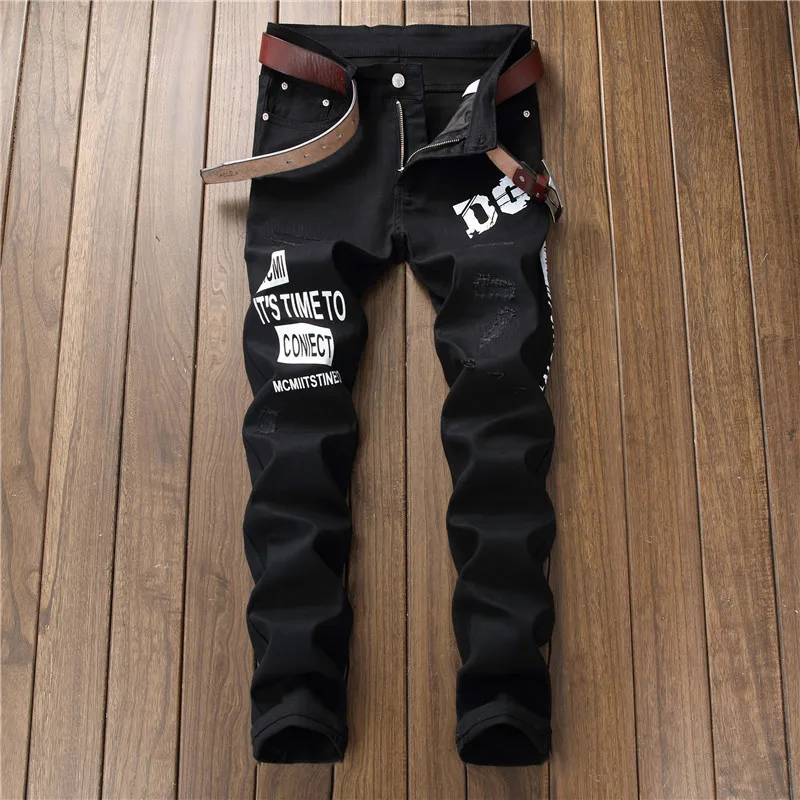 

New Printed Pants Jeans Men's Slim Letter Applique Pants Fashion Stretch Casual Trousers Autumn and Winter Casual Streetwear