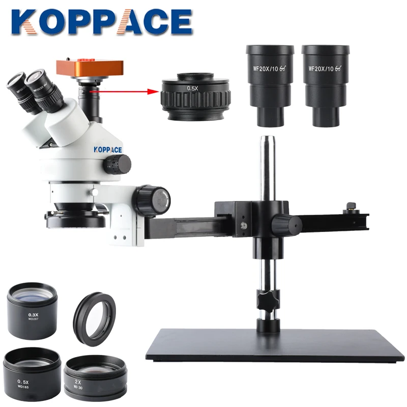 KOPPACE 40 Million Pixels 2.1X-180X Cross arm Bracket Trinocular Stereo Microscope 144 LED Ring Light Phone Repair Microscope