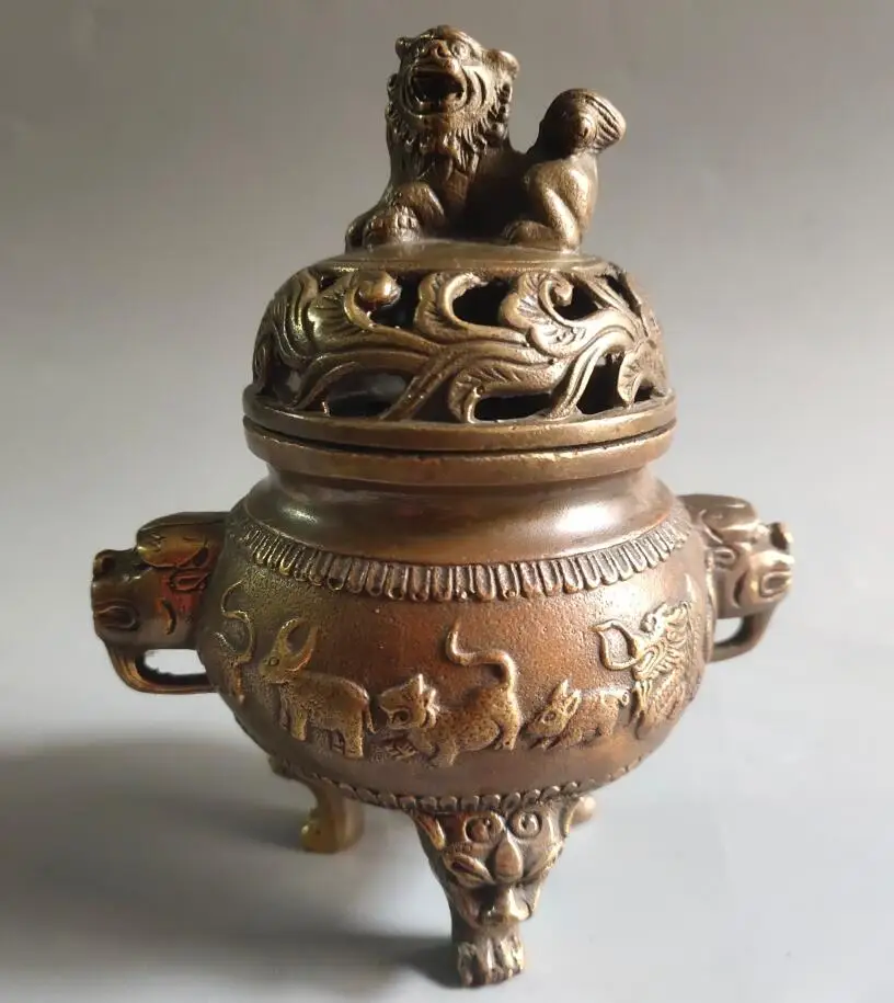 Archaize brass twelve zodiac lion lid Incense burner home decoration crafts statue