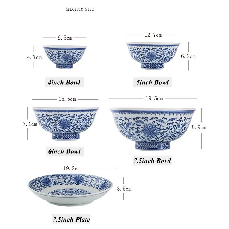 4/5/6/7.5 inch Jingdezhen Blue and White Porcelain Ceramic Ramen Bowl Chinese Household Rice Soup Bowls Kitchen Tableware Crafts