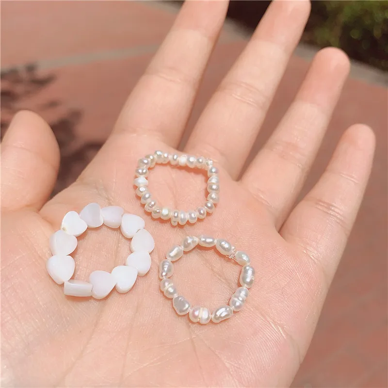 New Arrival Minimalist Multi Bead Imitation Pearl Geometric Rings Women Finger Jewelry Fashion Adjustable Elastic Ring