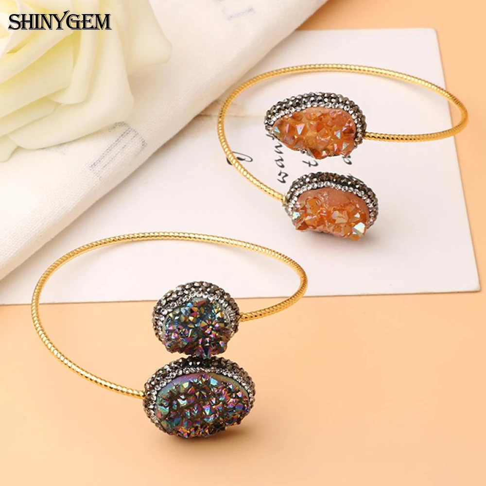 

ShinyGem Asymmetric Sparkly Natural Big Crystal Druzy Bangles Inlay Zircon Adjustable Bracelets For Women