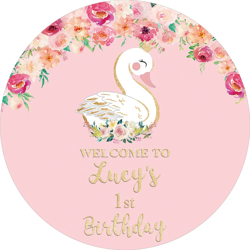 Allenjoy Swan Crown Round Background Circle Backdrops Covers 1st First Birthday Party Rose Decor Baby Shower Photocall Wallpaper