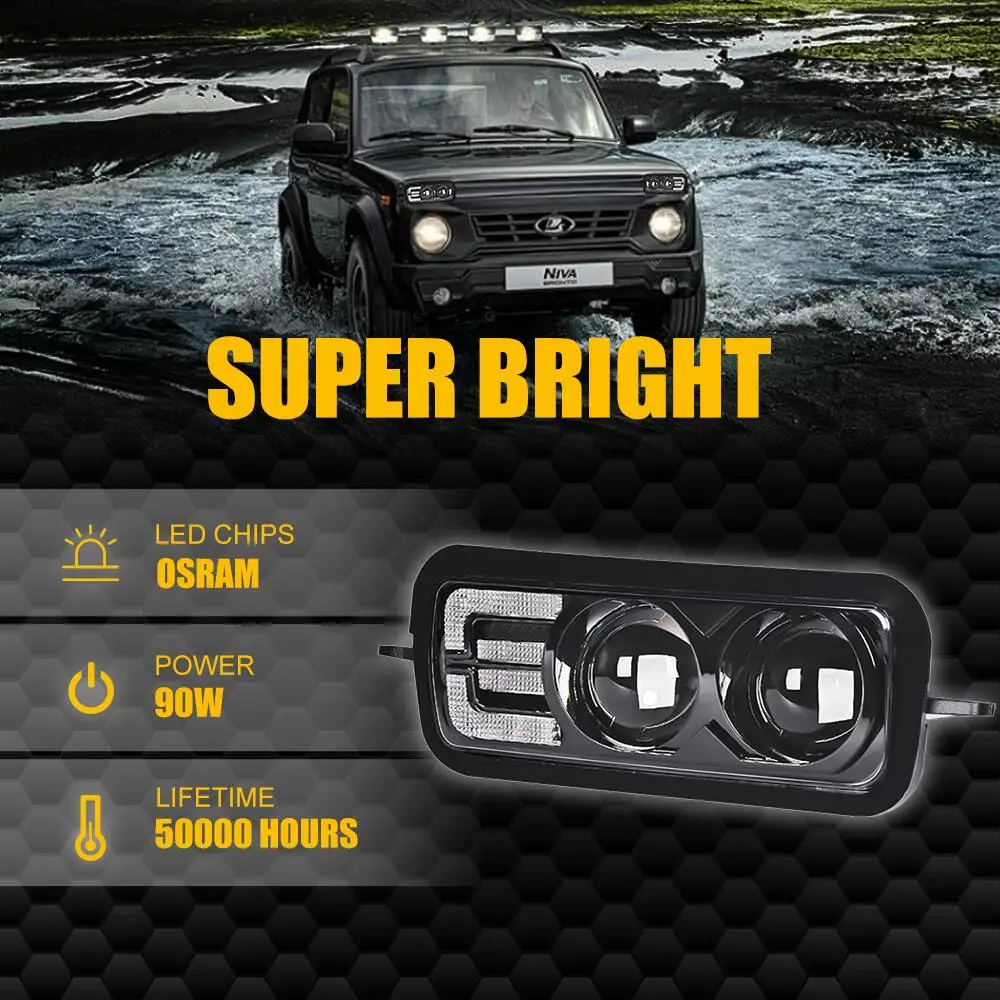 DOT E-mark E9 Approved SUP-LIGHT 2PCS 90W LED Fog Light With Turn Signal DRL for Lada Niva Urban 4x4 Aluminum Housing Headlights