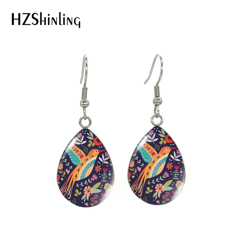 Brids and Flower Art Flower Fish Hook Earrings Stainless Steel Glass Cabochon Earrings Jewelry