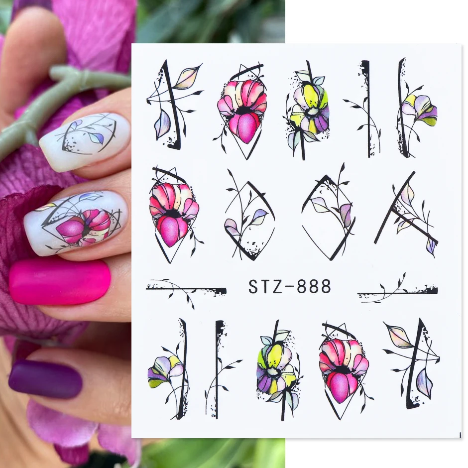 1/2/4pcs Flower Nail Stickers Purple Blue Water Decals for Nails Flower Line Spring Manicure Decor Nail Slider Wraps GLSTZ888