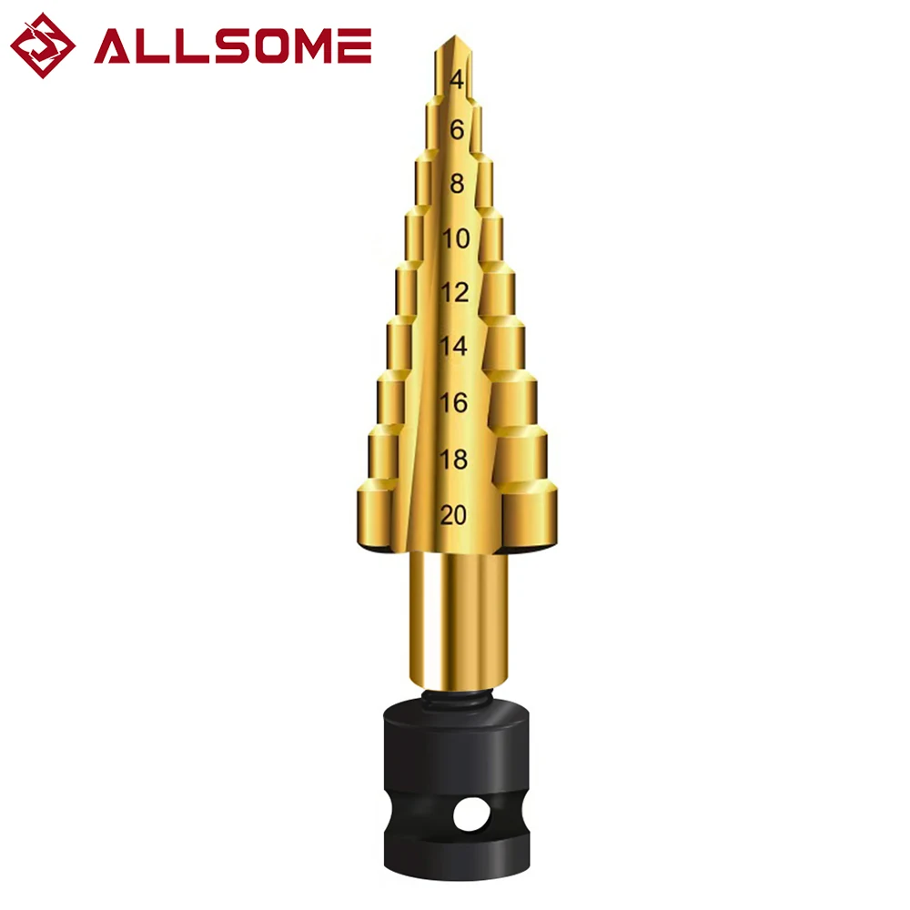 

ALLSOME Step Drill Bit 4-20mm HSS Titanium Straight Groove Wood Metal Hole Cutter for 1/2" Electric Impact Wrench