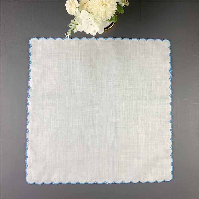 Set of 12 Fshion Table Napkins Dinner Napkins White Irish 100% Linen Tea Napkins with Color Embroidered Scalloped Edges