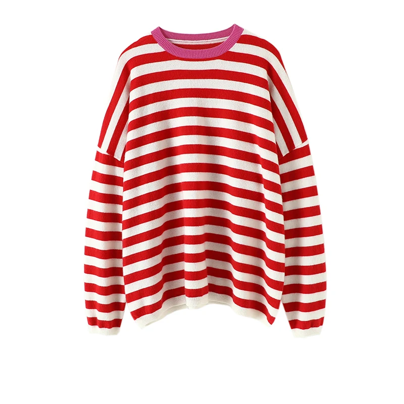 

aliaga oversized fashion 100% cashmere striped sweater crewneck long sleeve women's drop shoulder loose knitwear