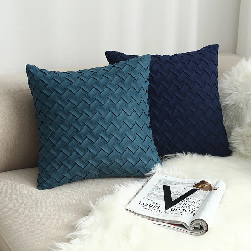 Blue Cushion Cover Soft Faux Suede Home Decorative Navy Pillow Cover Woven Pattern Green  45x45cm/30x50cm
