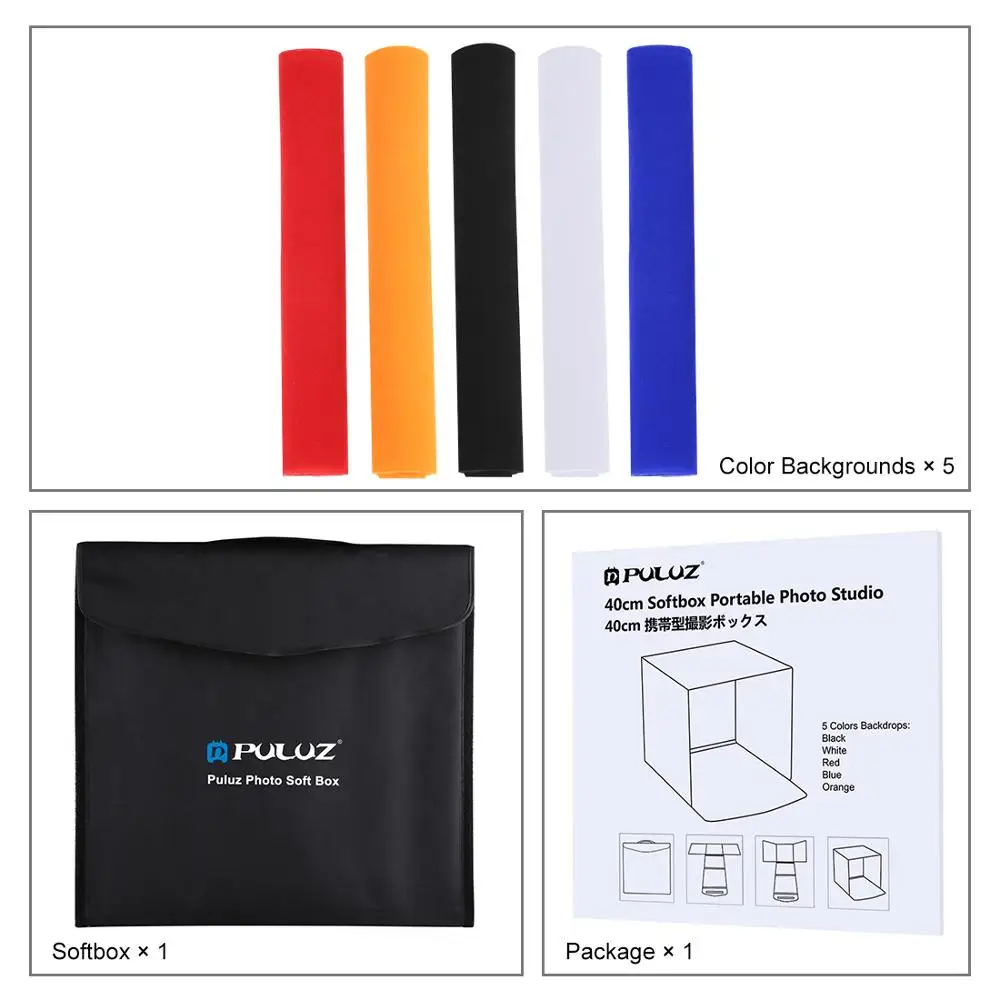 Puluz กล่องนิ่มสำหรับสตูดิโอถ่ายภาพ40cm16inch ชุดเต็นท์ถ่ายภาพแบบพับได้สำหรับสตูดิโอถ่ายภาพและฉากหลังฉากหลัง5ชิ้น