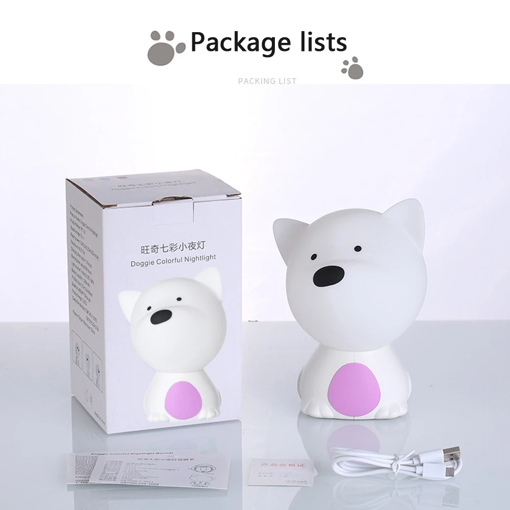 Rechargeable Night Light Silicone Lovely Tap dog Bedside Lamp 7 Colors Light for Children Gift Cute Bedroom Kid Light Toy