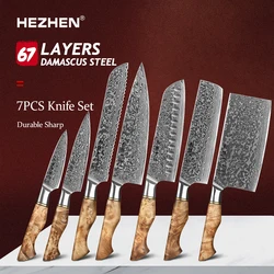 HEZHEN 7PC Kitchen Knife Master Series Lasting Chef Santoku Nakiri Sharpness Damascus Super Steel Cook Knives Tools