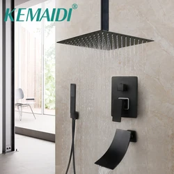 KEMAIDI Matte Black Bathroom Shower Faucet Rainfall Tub LED Bathtub Shower Systerm Rain Square Shower Head Waterfall Mixer Tap