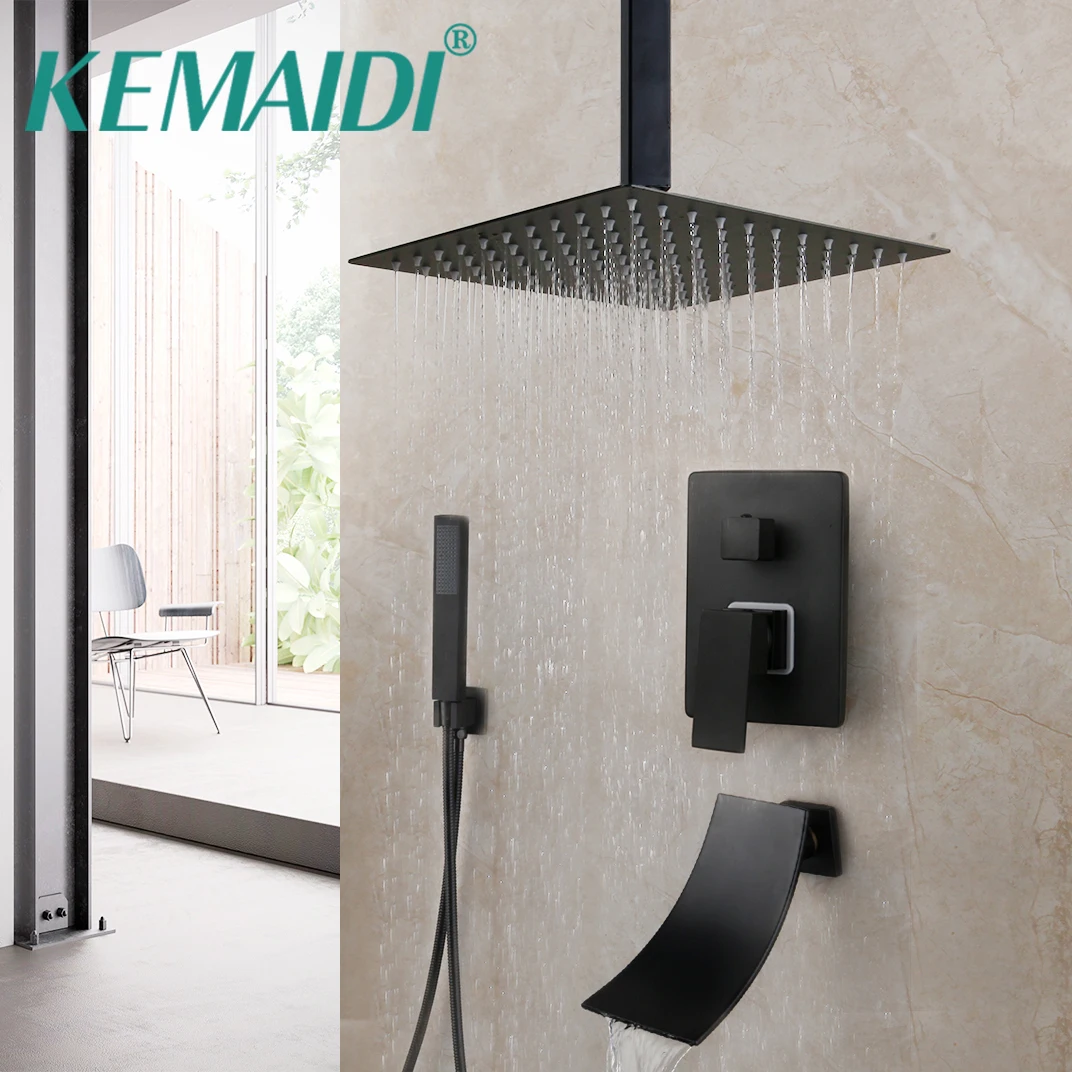 Kemaidi Matte Black Banheiro Torneira do Chuveiro Rainfall Tub Led Banheira Chuva Praça Chuveiro Cachoeira Conjunto Torneira do Chuveiro