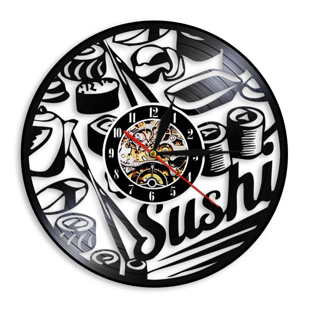 Sushi Handmade Decor Original Gift Vinyl Record Wall Clock Janpanese Delicious Food Sushi Hanging Art Decor For Sushi Shop