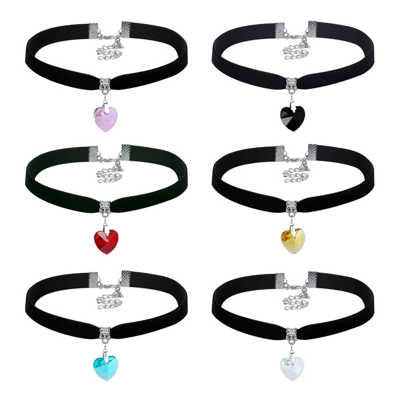 New Fashion Women Velvet Choker Heart Crystal Pendant Necklaces For Women Jewelry Female Black Ribbon Necklace Party Gift Collar