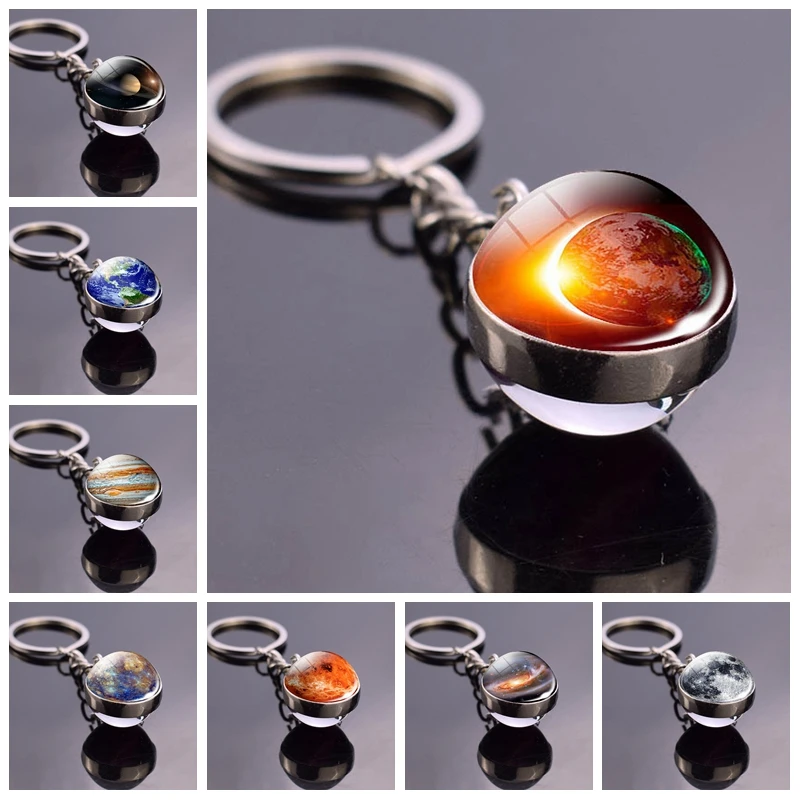 

Galaxy Keychain Moon Nebula Key Rings Solar System Planet Earth Sun Mars Double Sided Glass Ball Keychain Best Gift for Friends