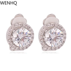 WENHQ Circle Shape Clip on Earrings No Pierced Luxury Fashion Party Wedding Cubic Zircon White Gold Color No Hole Ear Clip New