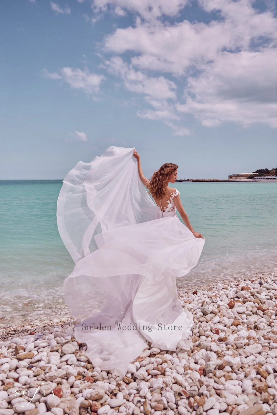 Vestido de novia de piel de tul con ilusión y cuello redondo, ropa de boda para playa, apliques de envoltura, tren extraíble, transparente en la espalda