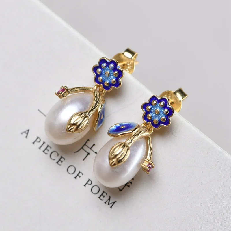 

CLOISONNE FRESHWATER PEARL LOTUS FLOWER EARRINGS 925 SILVER PURE S925 STERLING SILVER DROP EARRING FOR WOMEN ETHNIC JEWELRY