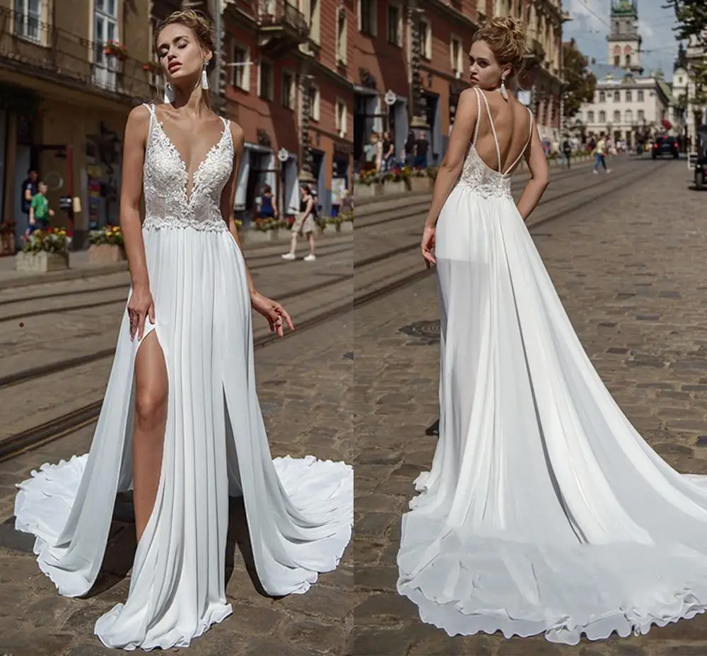 Sexy Boho Wedding Dress Appliques Lace V-neck Backless Side Split Wedding Gowns Chiffon Bride Dresses vestido de mariage