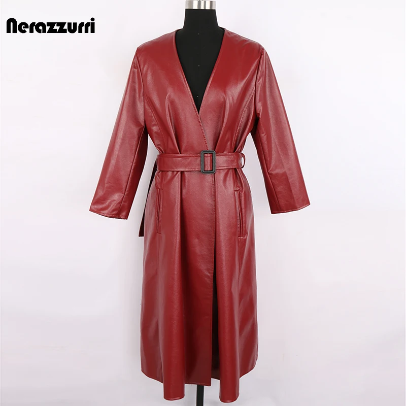 Nerazzurri Spring Autumn Long Pu Leather Trench Coat Women 3/4 Sleeve Deep V Neck Belt Stylish Korean Fashion 4xl 5xl 6xl 7xl