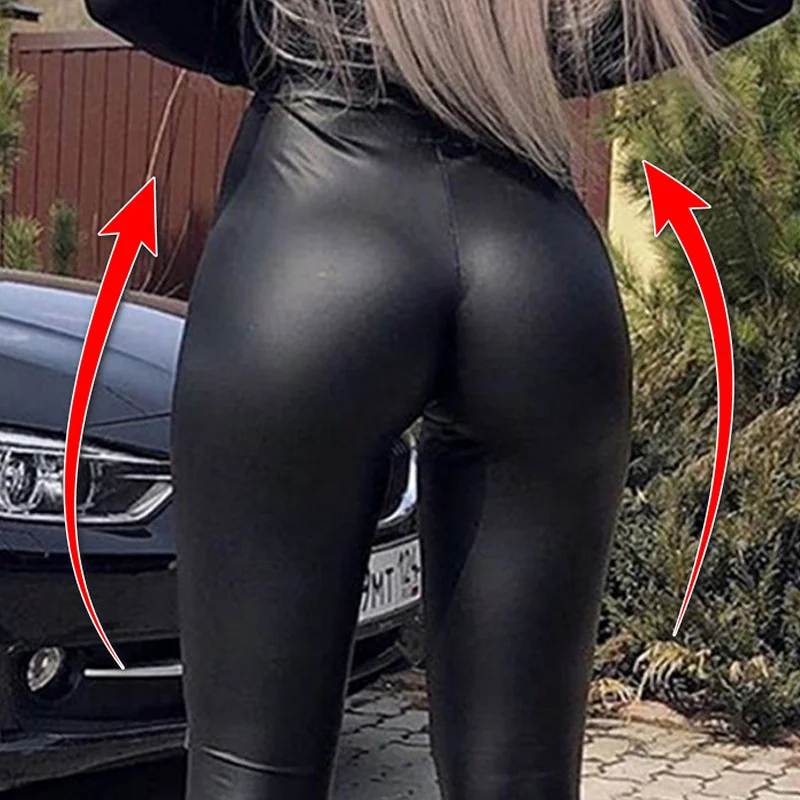 Leggings de PU de cintura alta para mujer, pantalones elásticos, Sexy