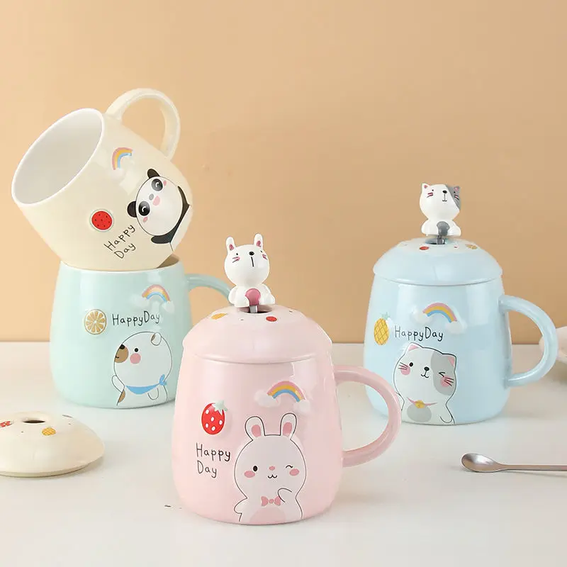 Panda Bunny Spoons Coffee Cups with Lids Water Bottle Female Student Korean Version Cute Mugs Breakfast Drinkware Porcelain