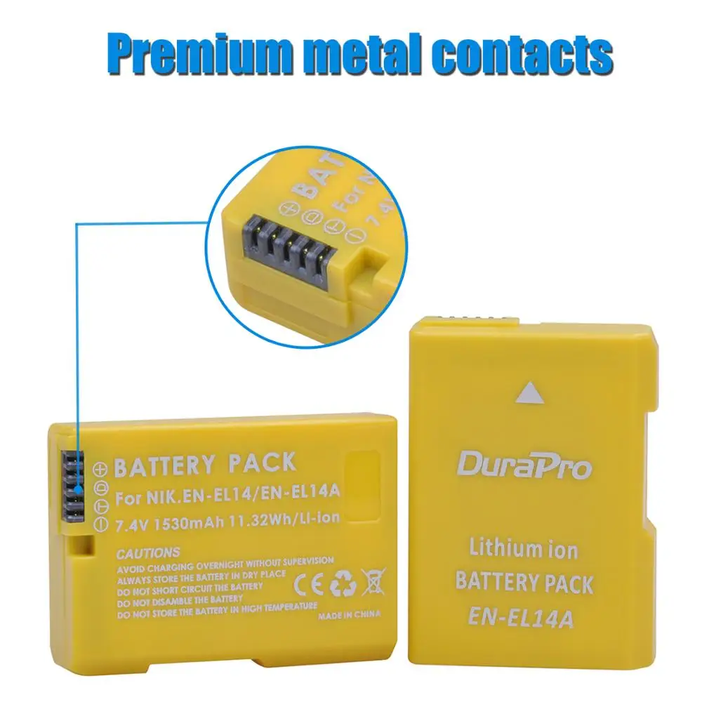 DuraPro 1530mAH EN-EL14 EN-EL14A Battery +LED Charger with Type C Port For Nikon D3100 D3200 D3300 D3400 D5100 D5200 D5300 D5600