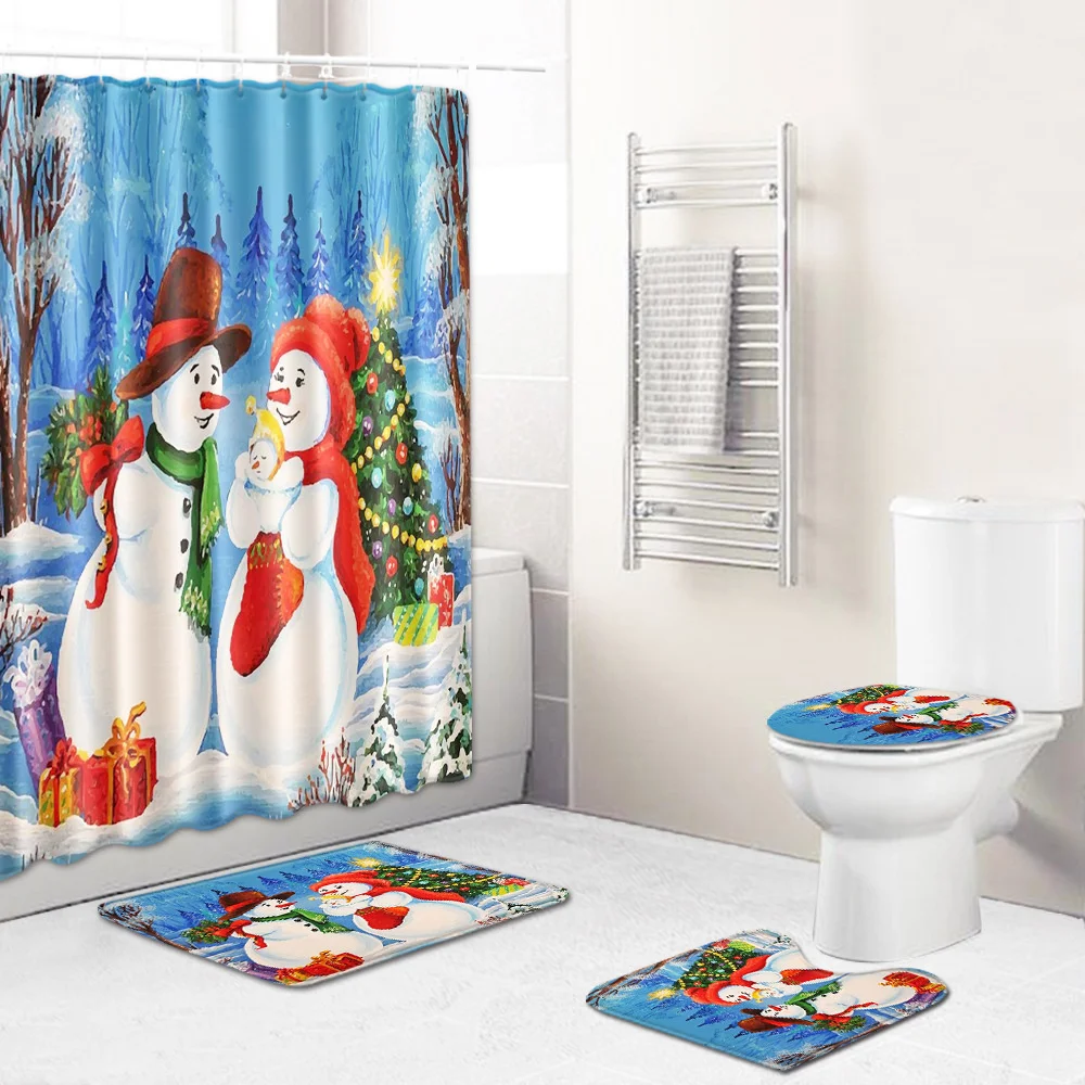 Christmas Shower Curtain Waterproof Entrance Doormat Bathroom For Bath Anti-Slip Rug Home 4Pcs Set Toilet Seat Cover Floor Mat