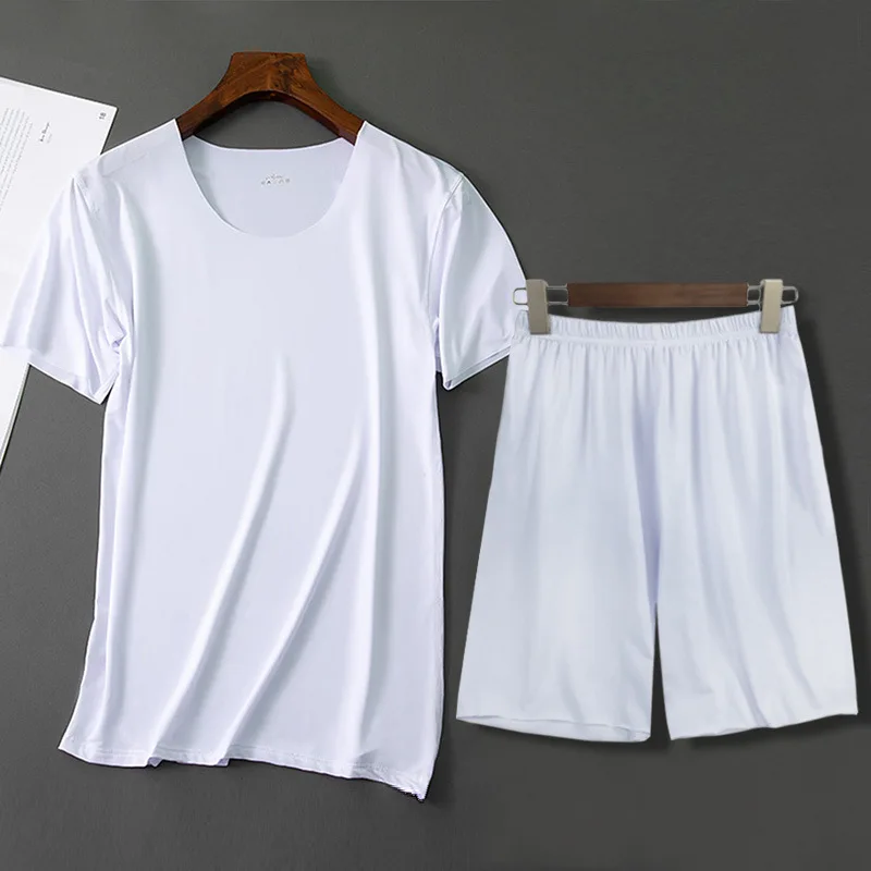 Mannen Ijs Zijde Pyjama Effen Shirt & Broek 2 Stuks Pijamas Slaap Set Toevallige Mannelijke Thuis Kleding Zomer Pyjama Nachtkleding nachtkleding Pak