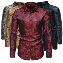 Camisa de manga larga con botones para hombre, camisa informal con estampado de rosas, ajustada, nueva moda