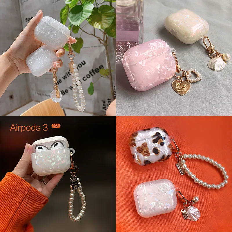 Dream Colorful Shells Headset Cover For apple airpods 3 Air Pod 3 Earphone Cases For airpods 1 2 3 Pro funda Cute Pearl Keychain