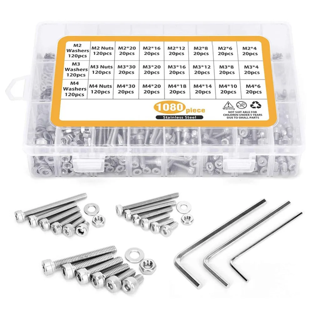 

1080pcs/box M2 M3 M4 M5 Hex Socket Screw Set Carbon Steel Flat Round Cap Head Screws Bolts and Nuts Assortment Kit Storage Box