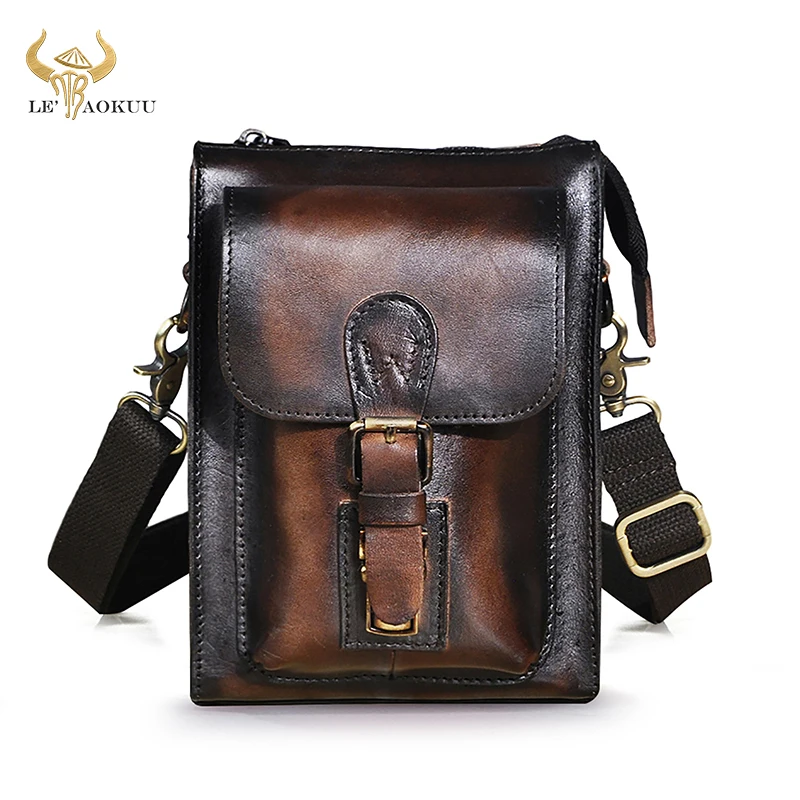 Genuine Leather Men Multifunction Casual Design Small Messenger One Shoulder Crossbody Bag Waist Belt Bag Phone Pouch 6402