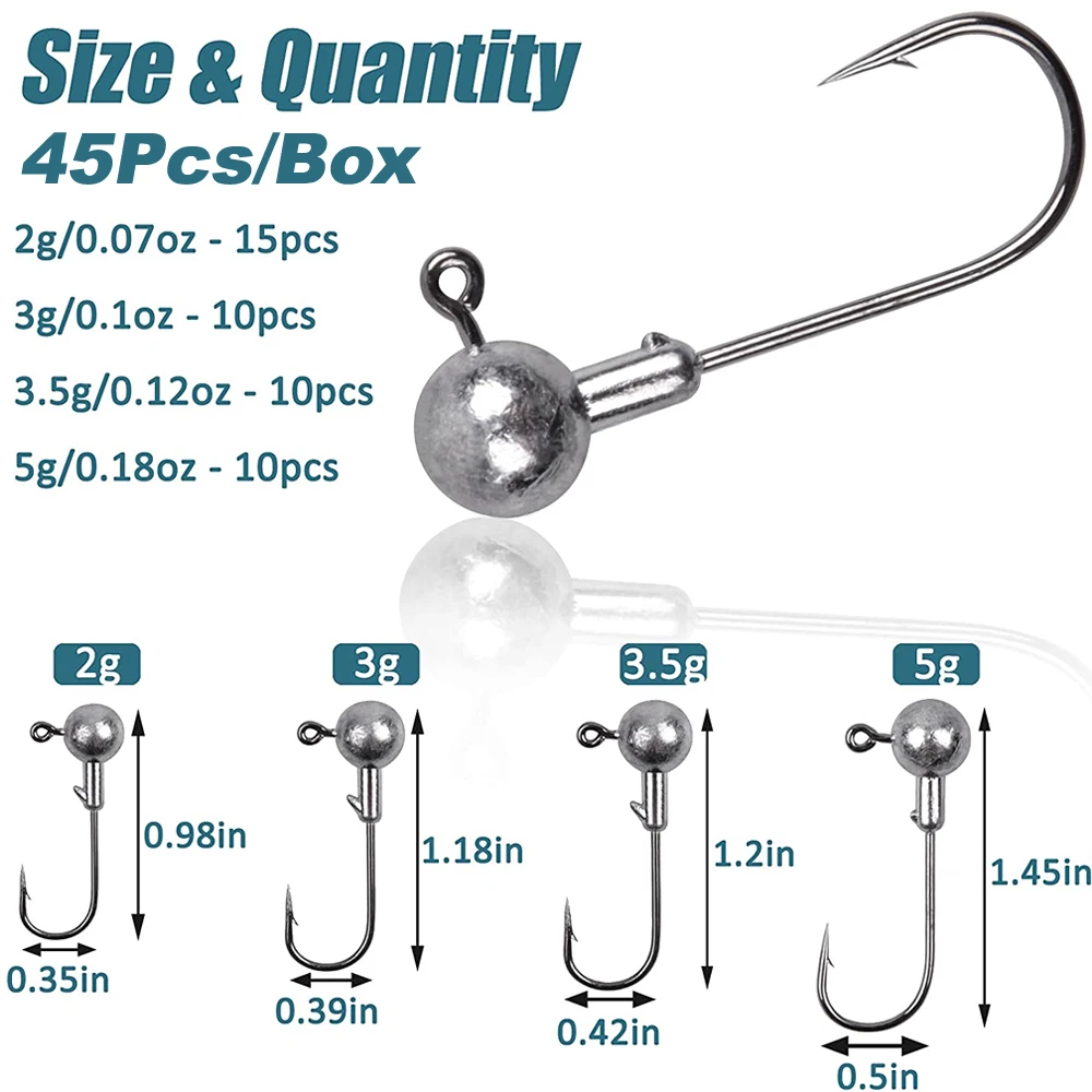 Crank Jig Head Hook Set, Lead Jig Head, Sharp farpado gancho, Soft Worm Bait, Bass Trout água doce água salgada iscas, 45pcs, 32pcs