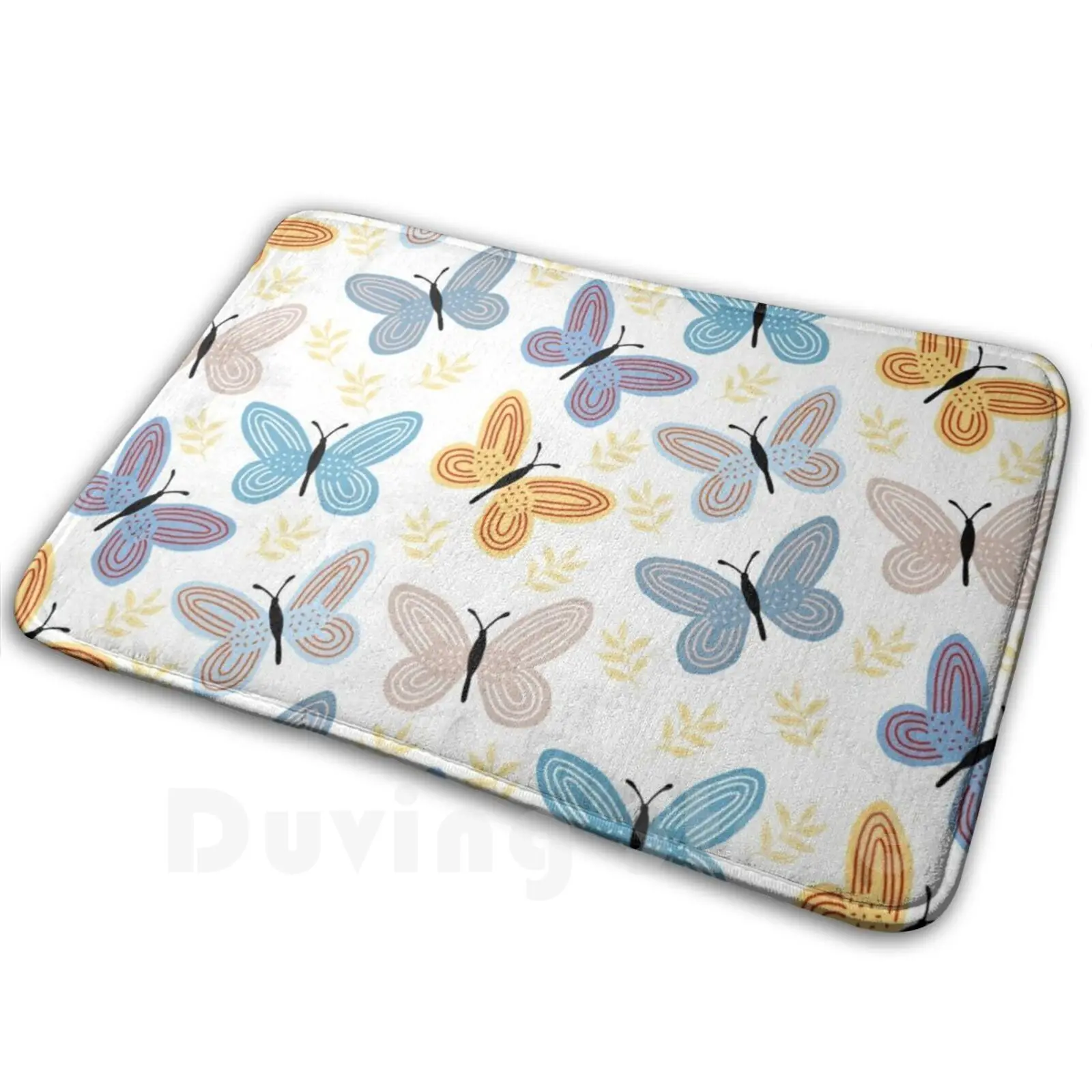 Butterflies Carpet Mat Rug Cushion Soft Non-Slip Blue Lovely Cute Black Black Black White White White Face Cover Face