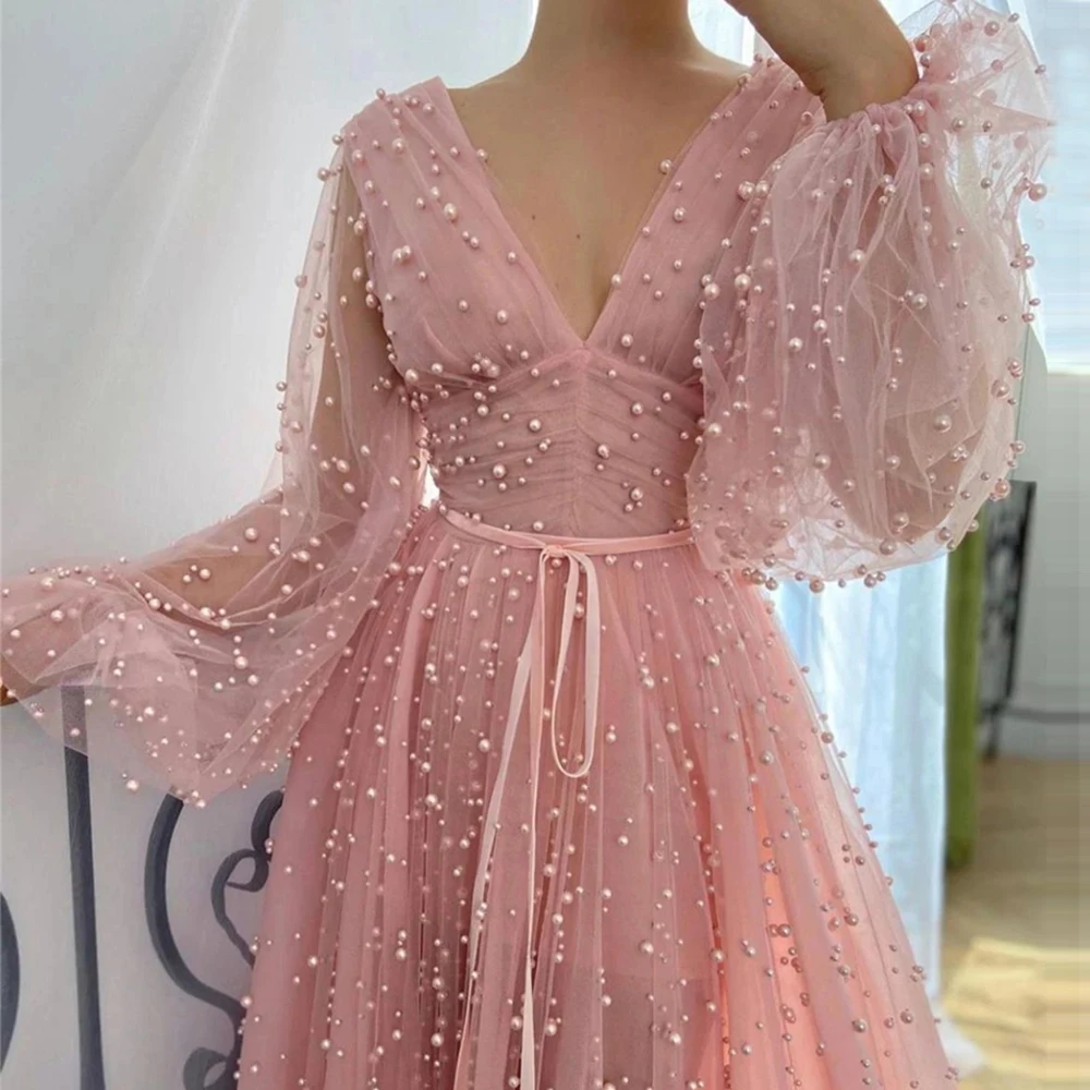 Roze Parels Tulle Prom Dress V-hals Lange Mouwen Vrouwen Formele Party Night See Through Avondjurk A-lijn Vestidos De Fiesta