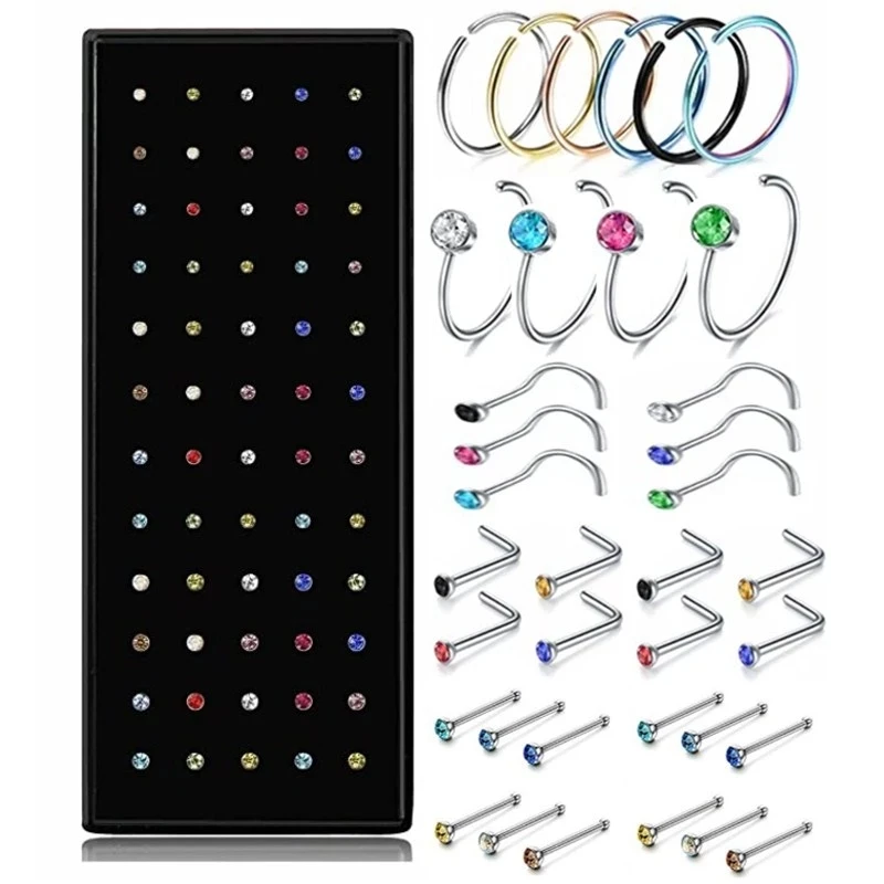 40/60Pieces Crystal Stud Nose Ring Set Stainless Steel Nose Hoop Lshape Indian Nose Stud Pack Piercing Nariz Hoop Jewelry