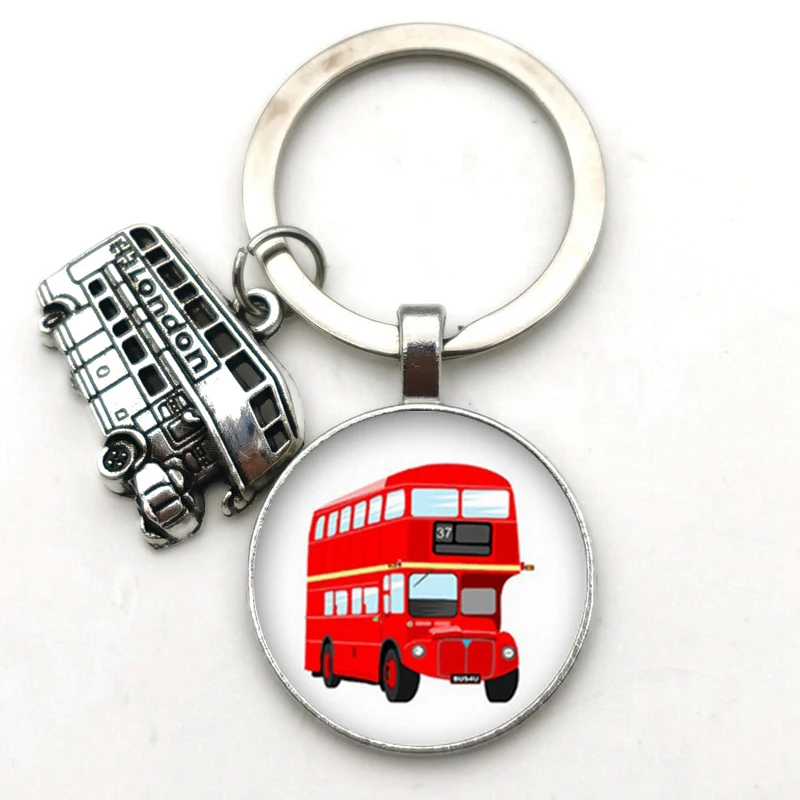 The New 2020 Vintage London Bus Keychain Bronze Bus Pattern Glass Convex Round Keychain London souvenirs DIY Jewelry Gift