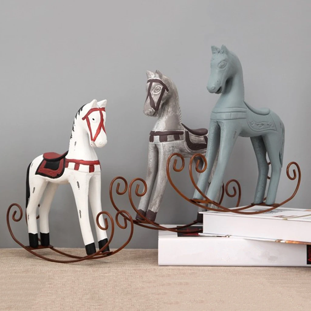 European Wooden Rocking Horse Statue Wedding Decor Home Office Desktop Decorative Ornament Collectible Crafts Kids Birthday Gift